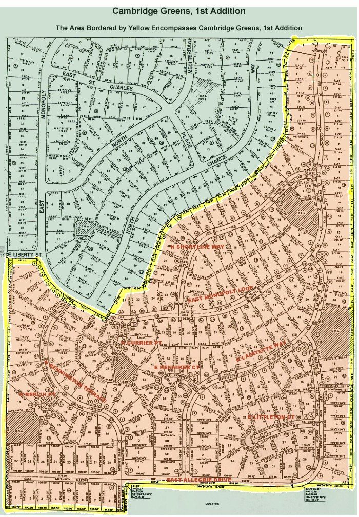 Cambridge Greens official plat with the two POA sections shaded: the First Addition in orange and the original Cambridge Greens in green